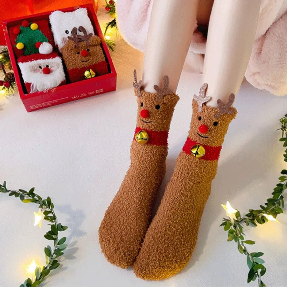Calcetines de terciopelo Coral de Papá Noel, calcetines navideños gruesos y cómodos, calcetines cálidos de tubo medio con alce y muñeco de nieve para otoño e invierno - imagen 4