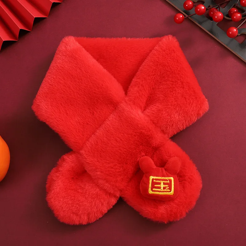 Bufanda roja para niños de Navidad y Año Nuevo, calentador de cuello peludo grueso y cálido de felpa para niños y niñas de invierno - imagen 4