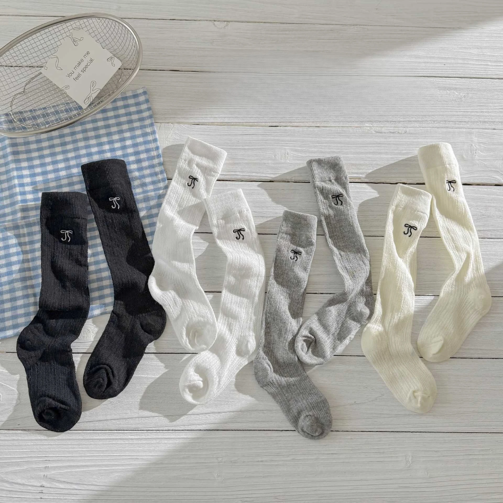 Calcetines largos de malla transpirable para niñas, medias largas hasta la rodilla estilo Ballet dulce y bonito, medias de Color sólido con lazo bordado para niños - imagen 3