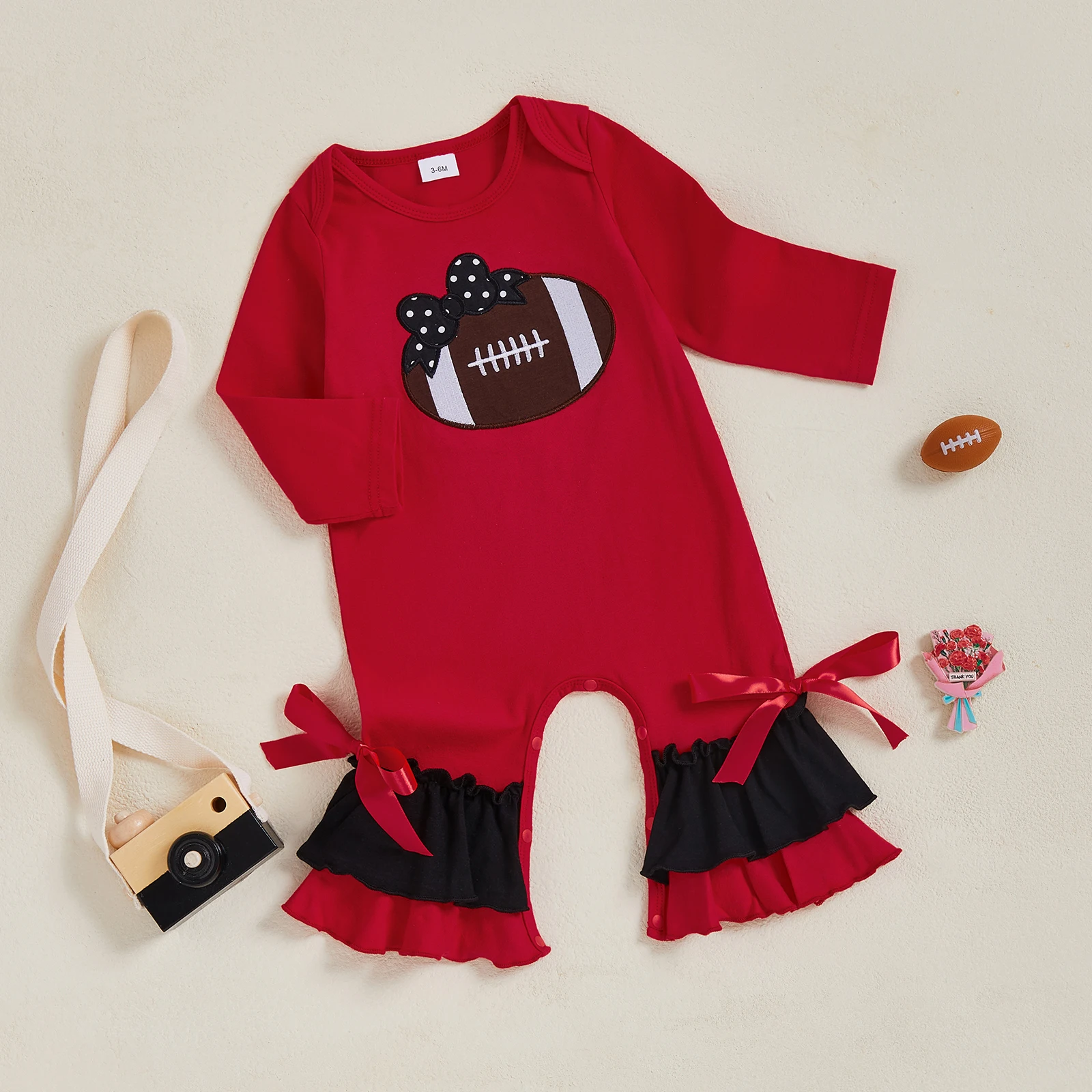 Pelele de fútbol para niña de 0 a 18 meses, mono acampanado en capas de manga larga bordado de Rugby, ropa bonita de otoño - imagen 4