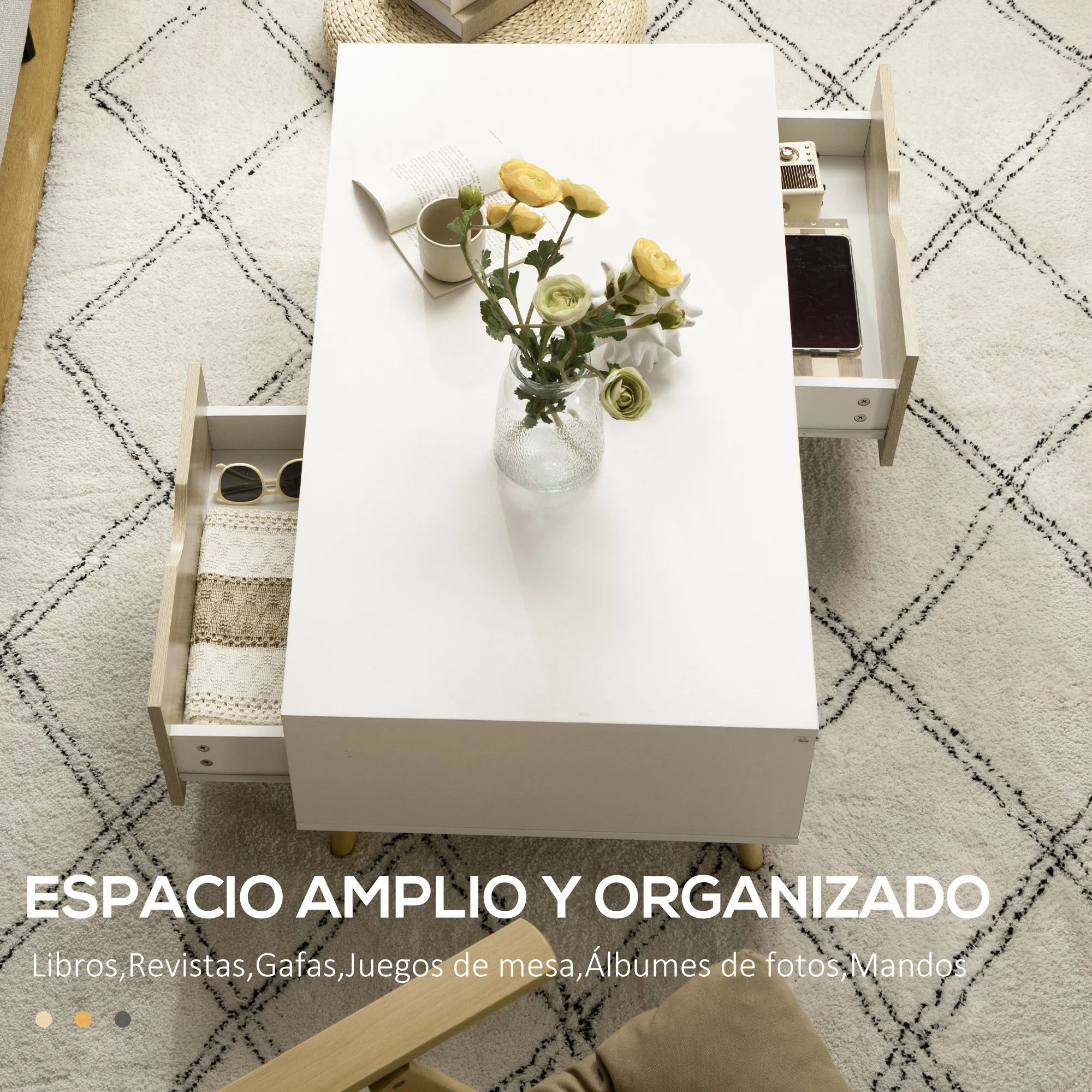 HOMCOM Mesa de Centro Mesa de Salón Moderna con 2 Cajones y Compartimientos Abiertos para Oficina Dormitorio Estudio 106x58x39,5 cm Blanco - imagen 4