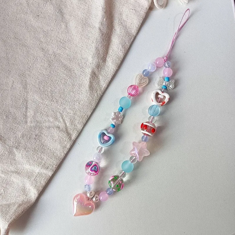 Cordón coreano bonito con cuentas de corazón de amor rosa y azul para teléfono, cordón con abalorio para cámara CCD de iPhone decorado con cordón antipérdida