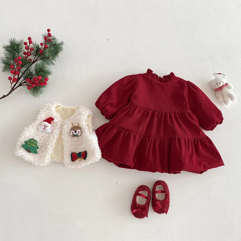 Christmas Girls Dress Thicken Lining Red Dress For Girls Ruffle Thicken Fleece Dresses Kids Party Clothes - imagen 2