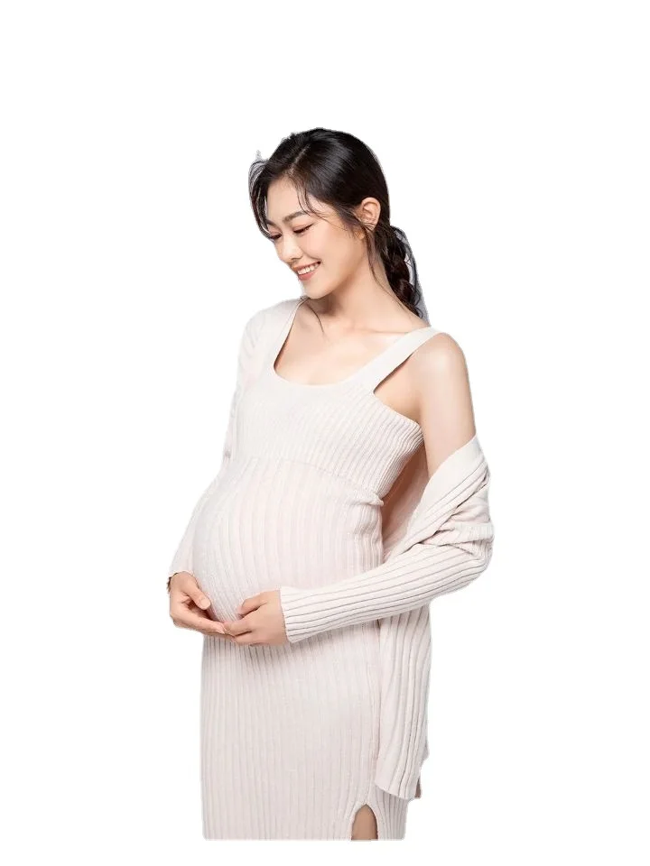 Vestido premamá ajustado de manga larga para embarazada – Elegante color sólido - imagen 2
