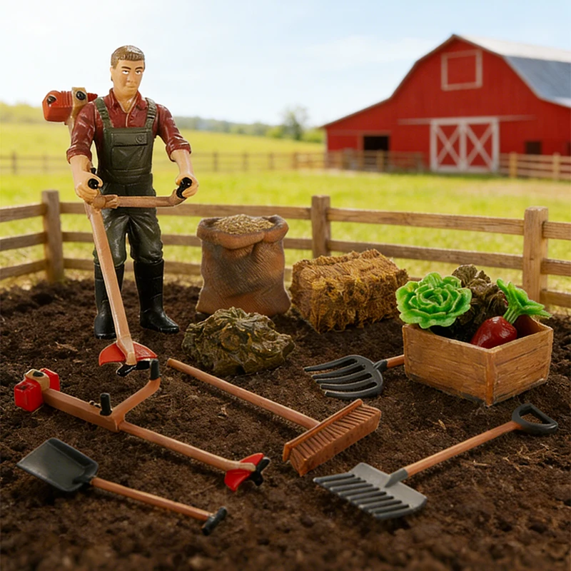 Juego de simulación de juguetes de granja, estatuilla de granjero, Mini herramientas de jardinería, pala, rastrillo, tenedor, verduras, tallo, juego educativo, regalo para niños