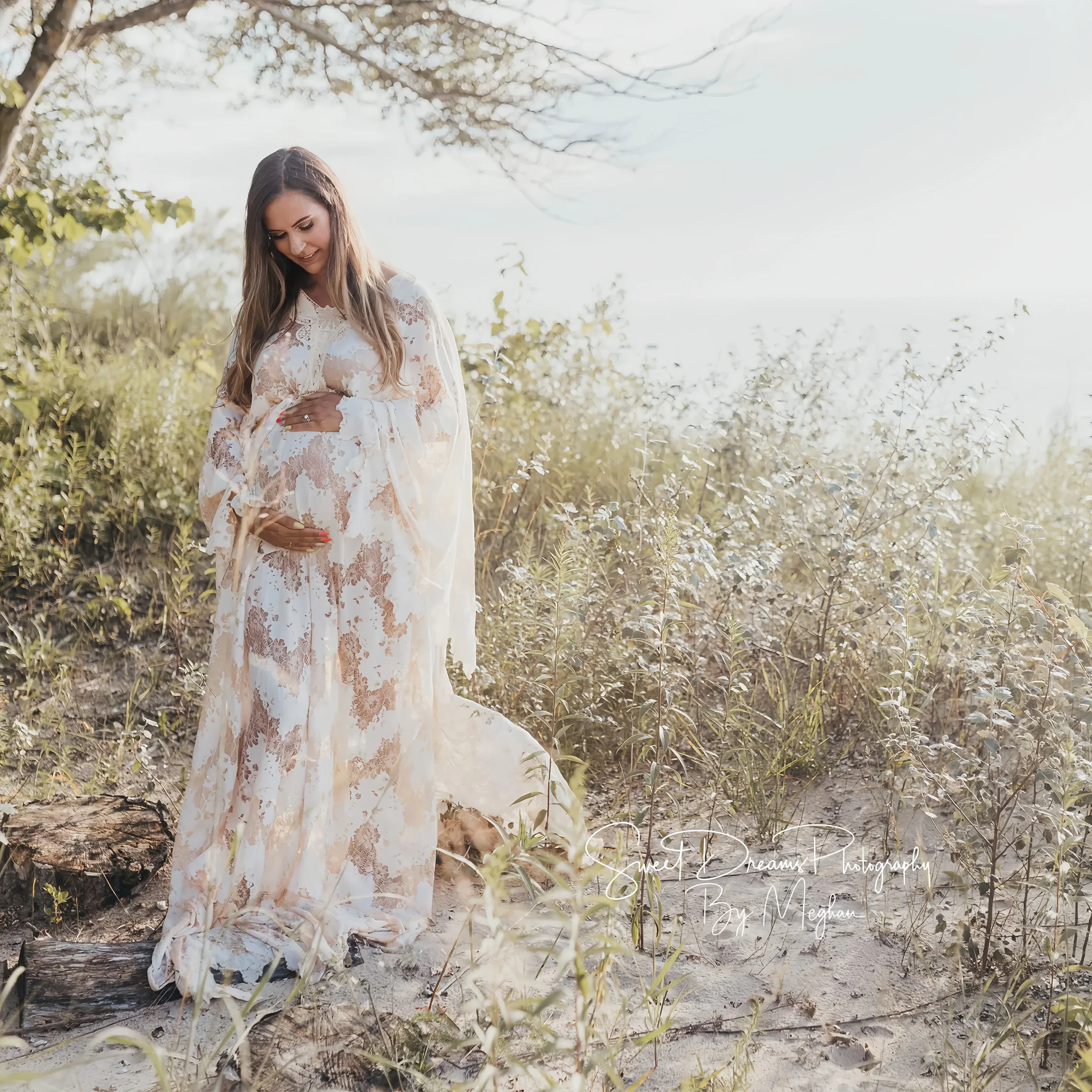 Vestido maternidad encaje bohemio largo cuello en V para sesión fotos