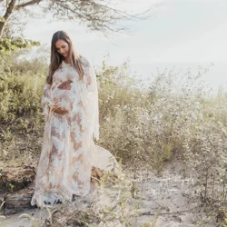 Vestido maternidad encaje bohemio largo cuello en V para sesión fotos