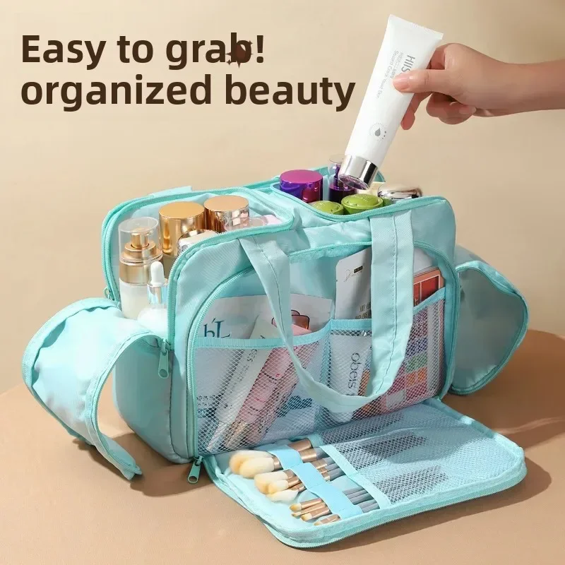 Neceser de viaje para mujer, bolsa de maquillaje divisoria de gran capacidad, ligera, portátil, a la moda, Material de nailon de diseño Simple - imagen 2