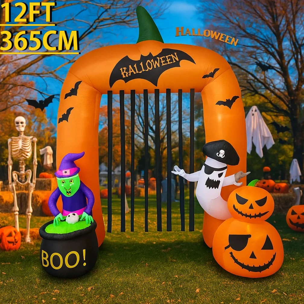 Arco de calabaza inflable gigante de 12 pies para Halloween, juguete fantasma, decoración de bruja, luces LED, decoración de patio, suministros para fiesta en casa, adornos