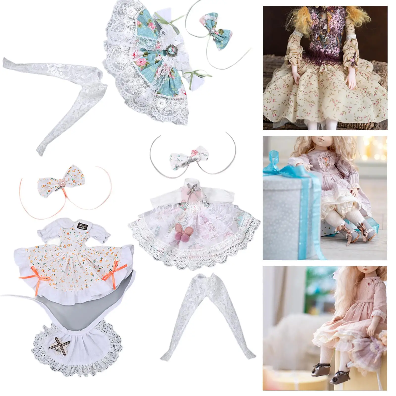 3 Pieces 1:6 BJD Doll Dress Pastoral Outfits with Bow Headband Costume and Pants for 12in Girl Doll Dress up Model Accessories