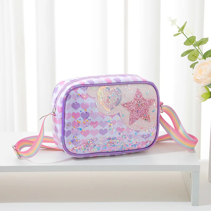 ¡Nuevo bolso para niñas de dibujos animados de unicornio: correa de arcoíris brillante, diseño de corazón de estrella, hombro/bandolera bidireccional, lindo y práctico! - imagen 3