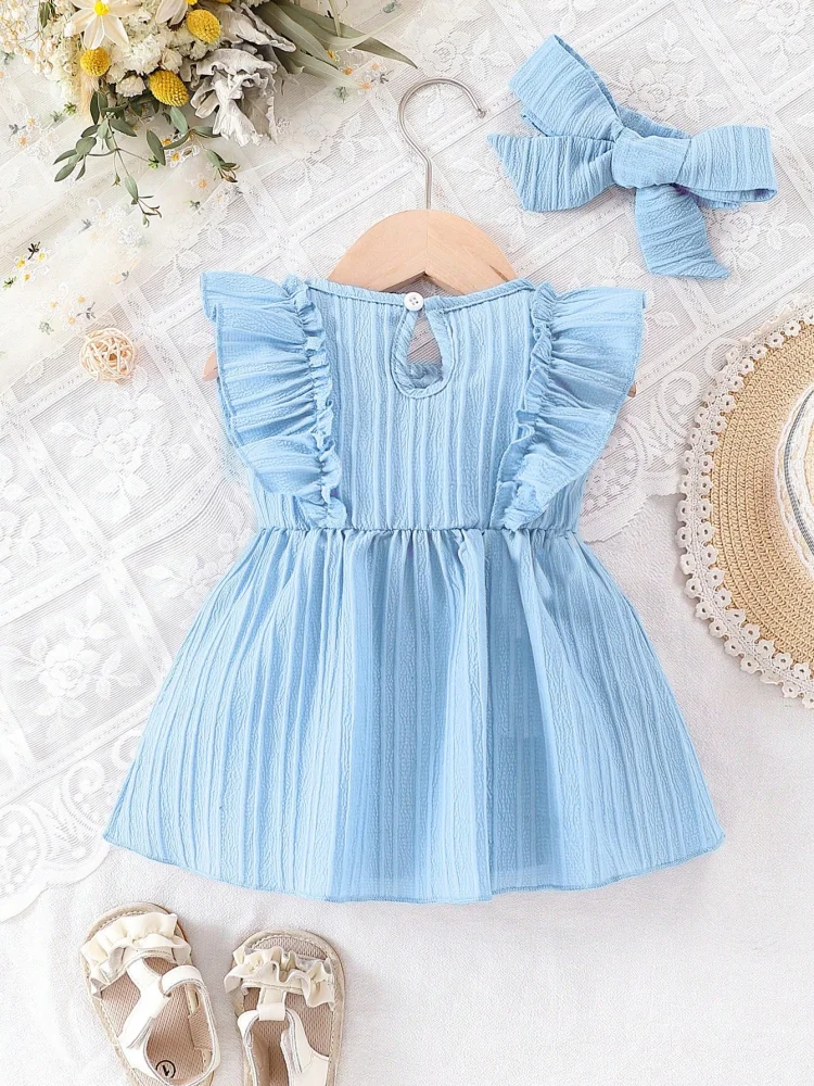 Vestido de manga con volantes para niña de 0 a 24 meses con lazo, bonito vestido de princesa azul para cumpleaños, vestidos de fiesta, ropa de verano para bebé - imagen 5