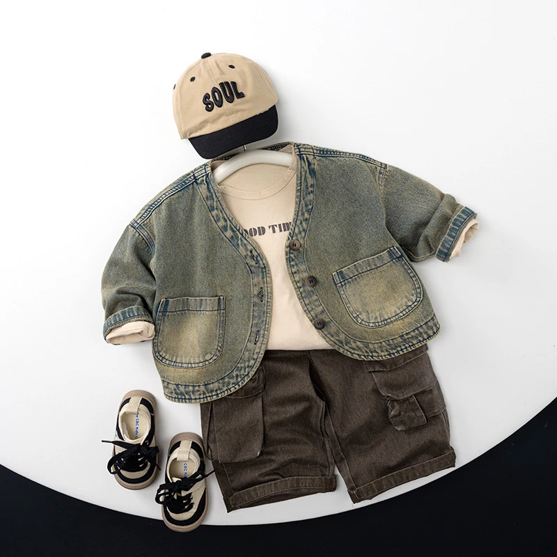 MILANCEL nuevo abrigo de otoño para niños 1-6T chaqueta Vintage desgastada para niñas versión coreana prendas de vestir finas y holgadas para niños - imagen 3