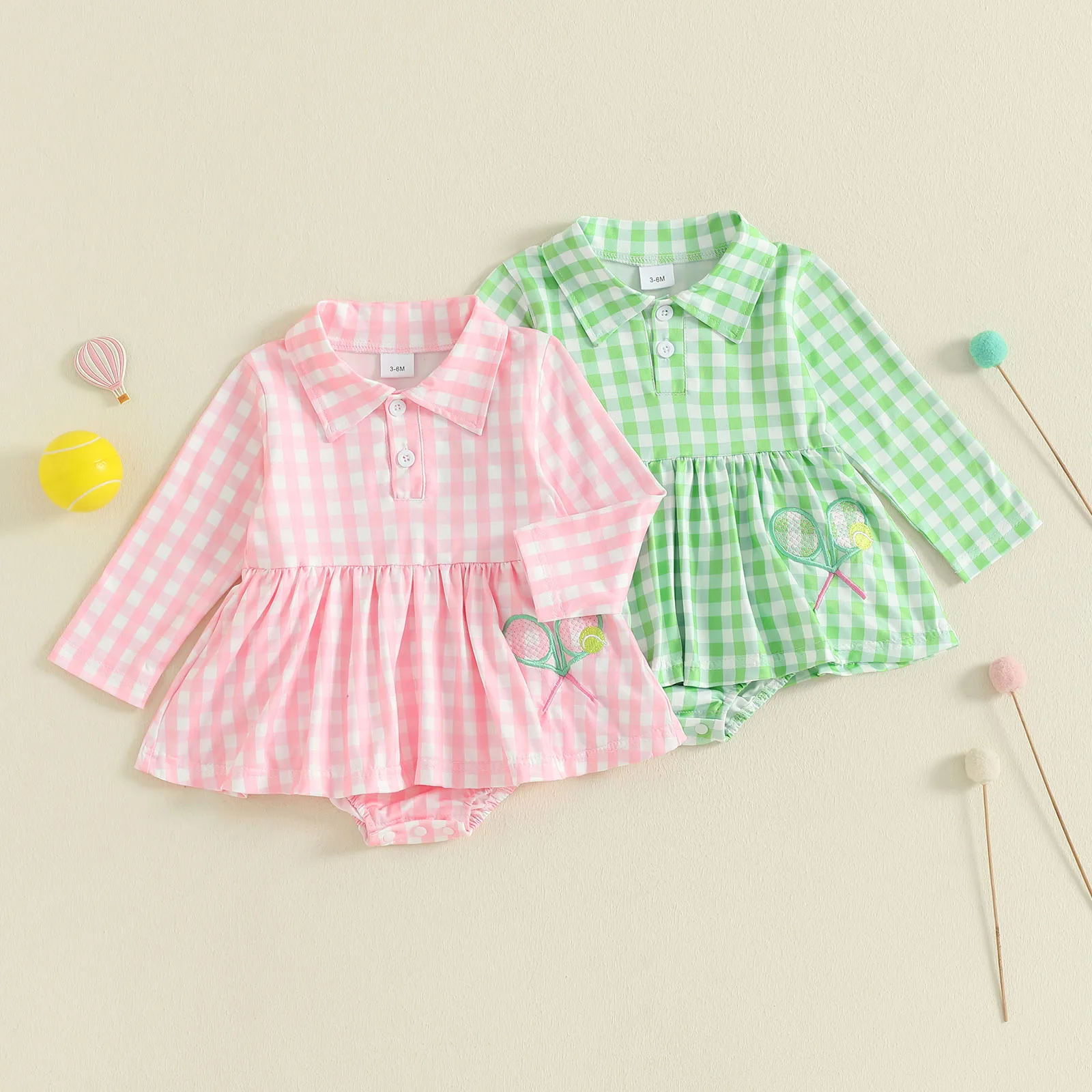 Pelele para niña recién nacida de 0 a 18 meses, vestido a cuadros de manga larga con bordado de tenis, vestidos de línea A, mono - imagen 2