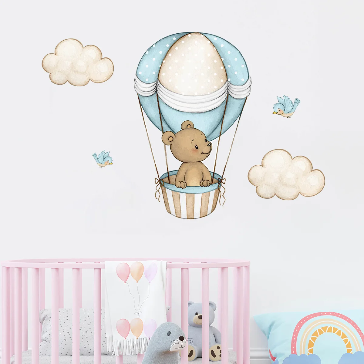 Pegatinas de pared con globos de aire caliente de oso de peluche para bebés, niñas, niños, calcomanías de pared para dormitorio, decoración de pared para guardería y guardería - imagen 4