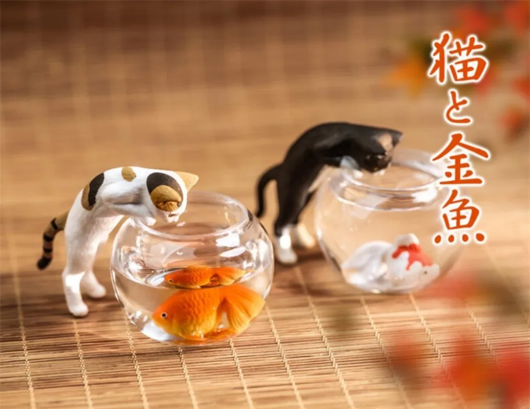 Juguetes cápsula: Figuras kawaii para acuario gato calico y pez dorado - imagen 3