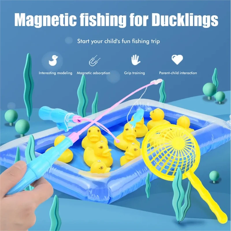 Juego de estanque inflable Montessori, juguete preescolar, juego de pesca de patos, piscina de estanque con juego de 10 patitos, juguete flotante magnético - imagen 2