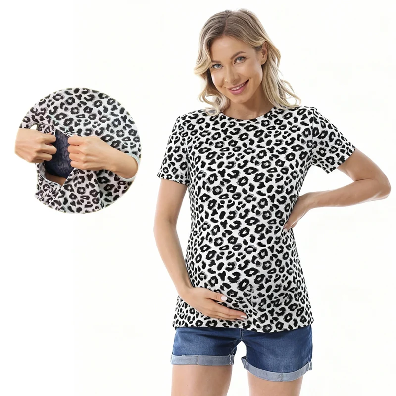 Ropa de maternidad para embarazo, Top de lactancia de leopardo, camiseta de lactancia de algodón elástica buena para mujeres posparto, verano de talla grande