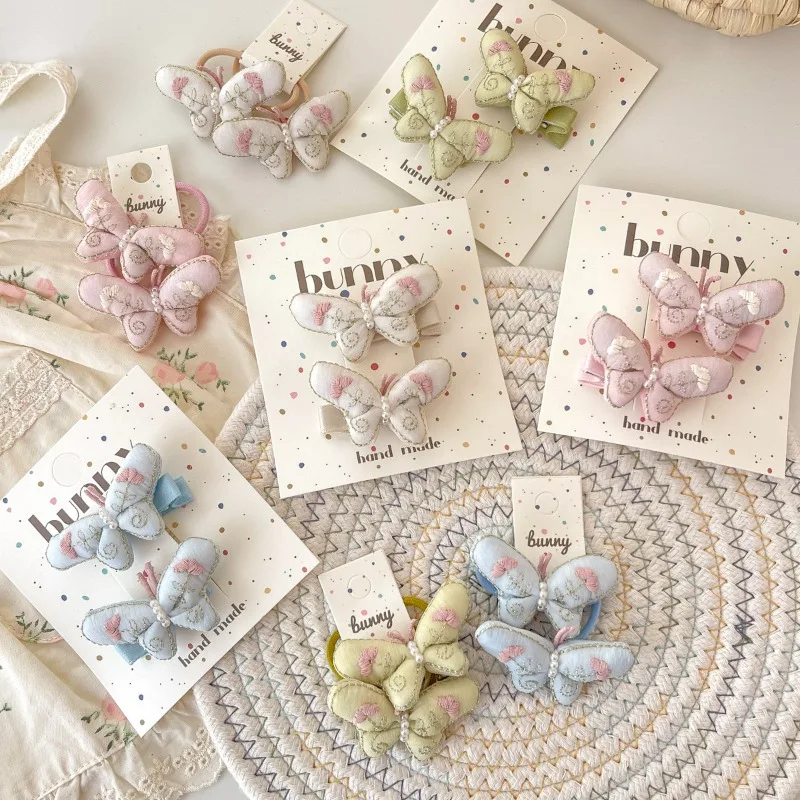 Set de accesorios para el cabello de niñas estilo primavera, color rosa: mariposa bordada a mano, lindo y delicado, gomas elásticas para el cabello y pinzas para flequillo lateral, dulce