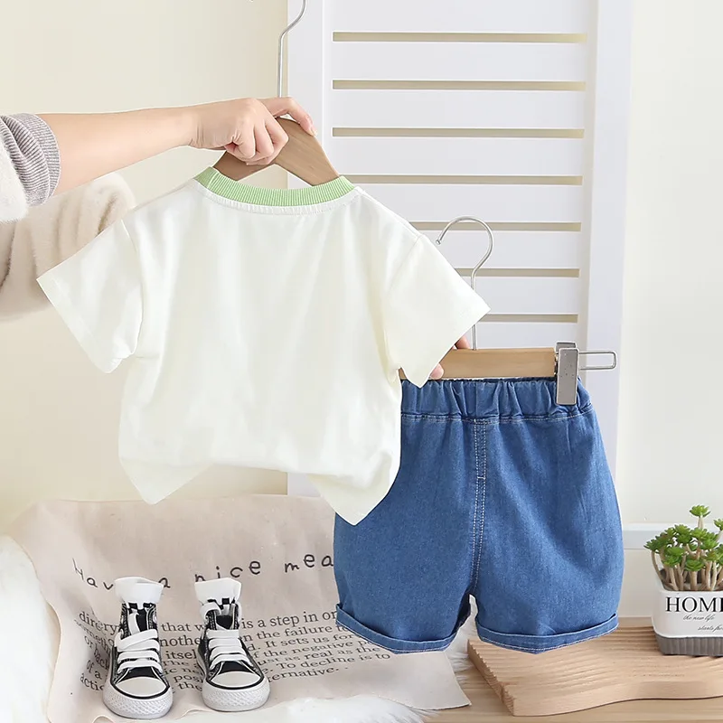 Ropa de verano para bebés, Tops de manga corta bonitos de dibujos animados informales coreanos + Pantalones cortos de mezclilla, ropa de Boutique para niños, conjuntos para niños BC2264 - imagen 4