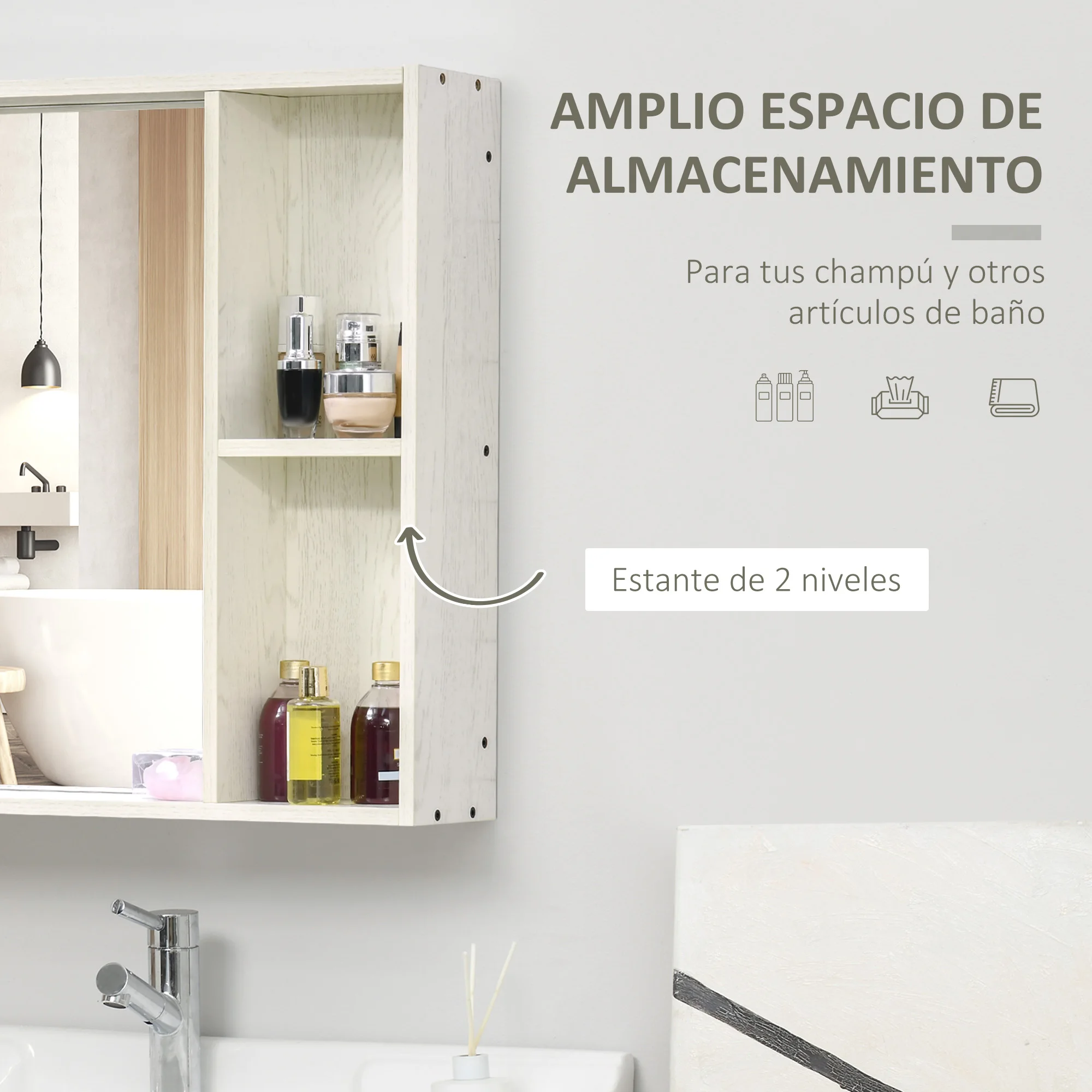 HOMCOM Armario de Baño con Espejo Armario con Espejo para Baño con Estantes Mueble para Baño Estilo Moderno 63x15x65 cm Blanco - imagen 3