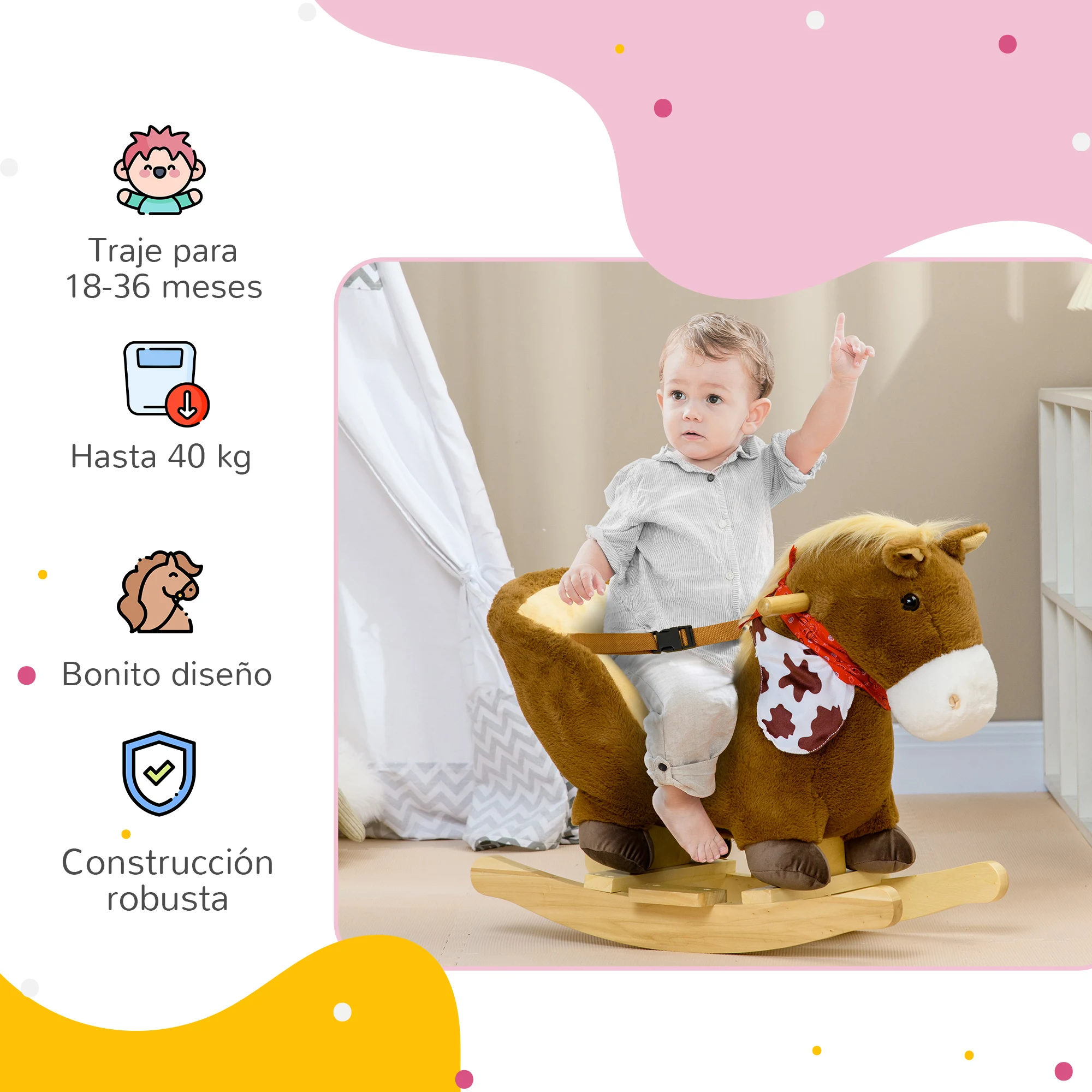 HOMCOM Caballito Balancín para Bebés 18-36 Meses Caballo Balancín con Sonidos de Animal Cinturón de Seguridad Manillar y Reposapiés Carga 40 kg 60x33x50 cm Café - imagen 5