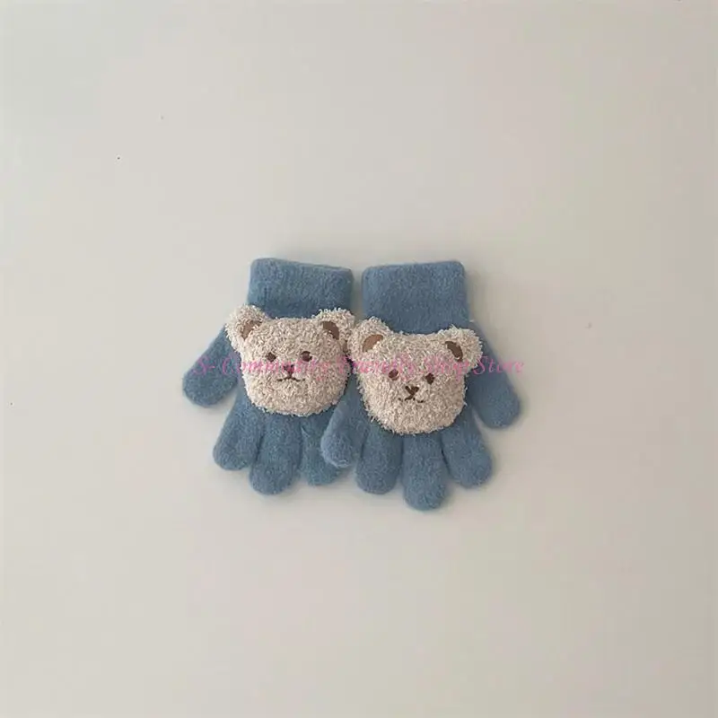 85AE Guantes tejidos invierno con dedos completos Patrón oso dibujos animados Manoplas cálidas Color sólido - imagen 4