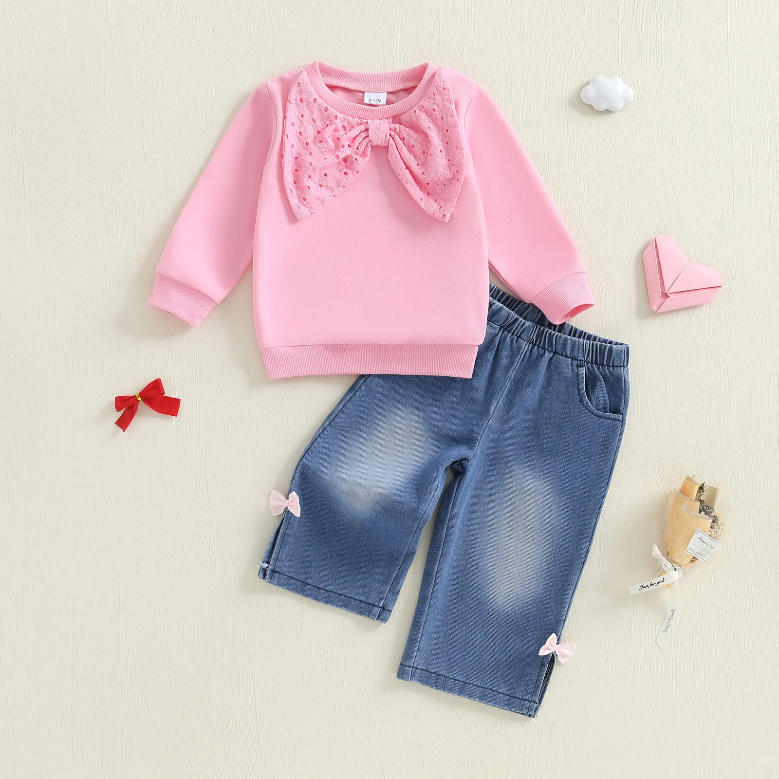 VISgogo Conjunto de 2 piezas para bebé niña invierno otoño sudadera de manga larga con lazo pantalones vaqueros con cintura elástica