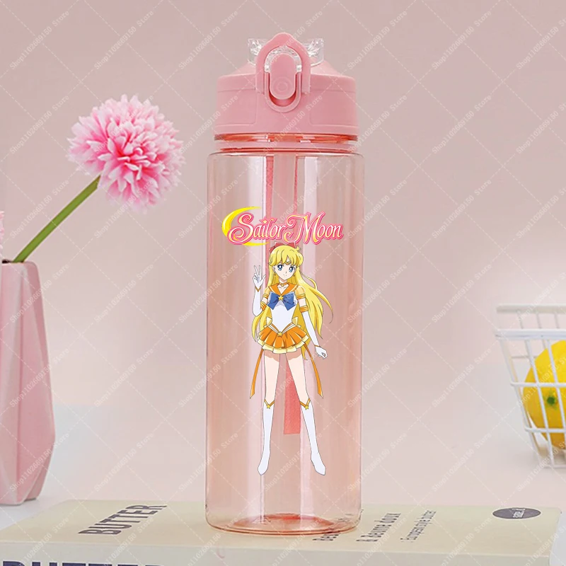 Botella de agua bonita Sailor Moon para niñas con pajita, taza de bebida fría de plástico portátil para niños, tazas de jugo de dibujos animados para viajes deportivos - imagen 3