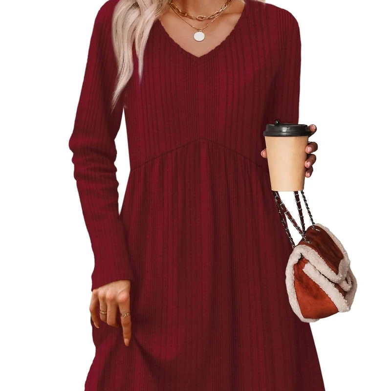 Vestido de punto acanalado con cuello en V para mujer, falda midi de corte A informal minimalista, manga larga, adelgazante de cintura, otoño e invierno - imagen 2