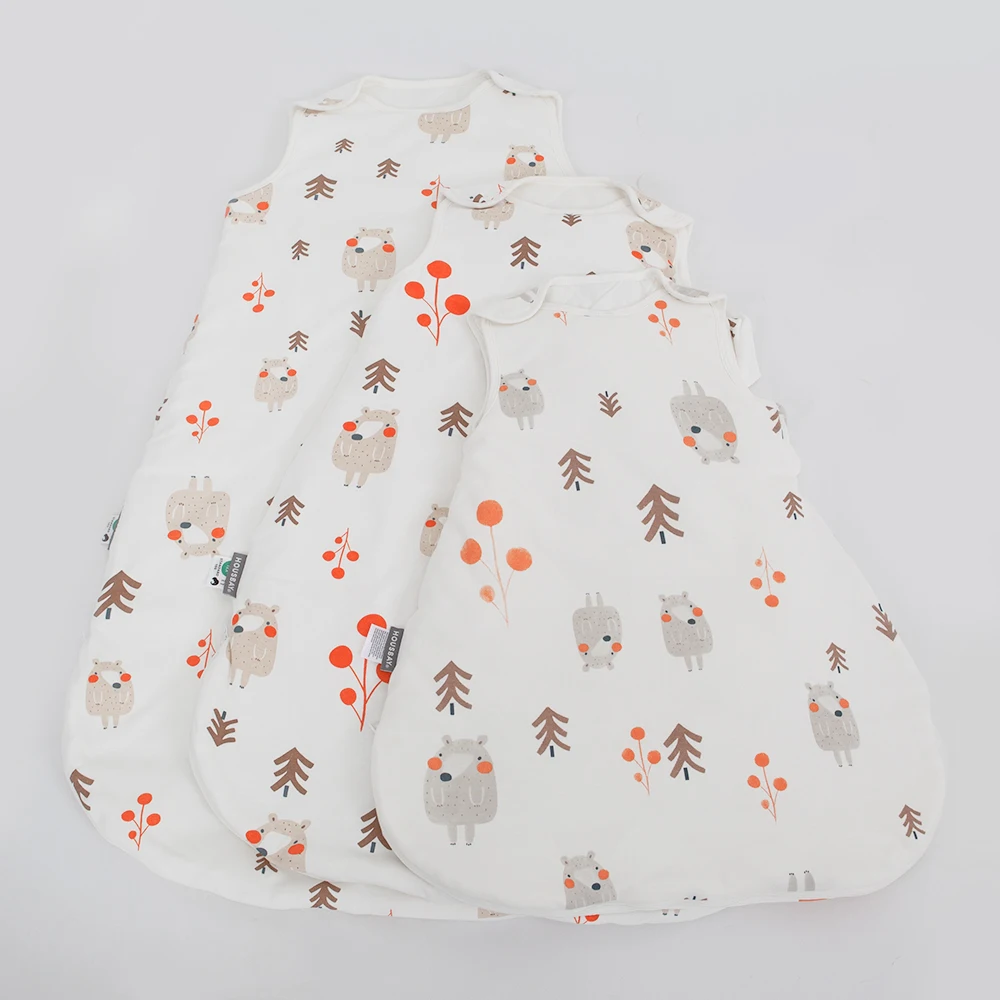 Saco de dormir para bebé, sacos de dormir sin mangas de algodón suave para otoño, edredón antipatadas con estampado de oso Beige de dibujos animados, manta portátil para niños - imagen 3