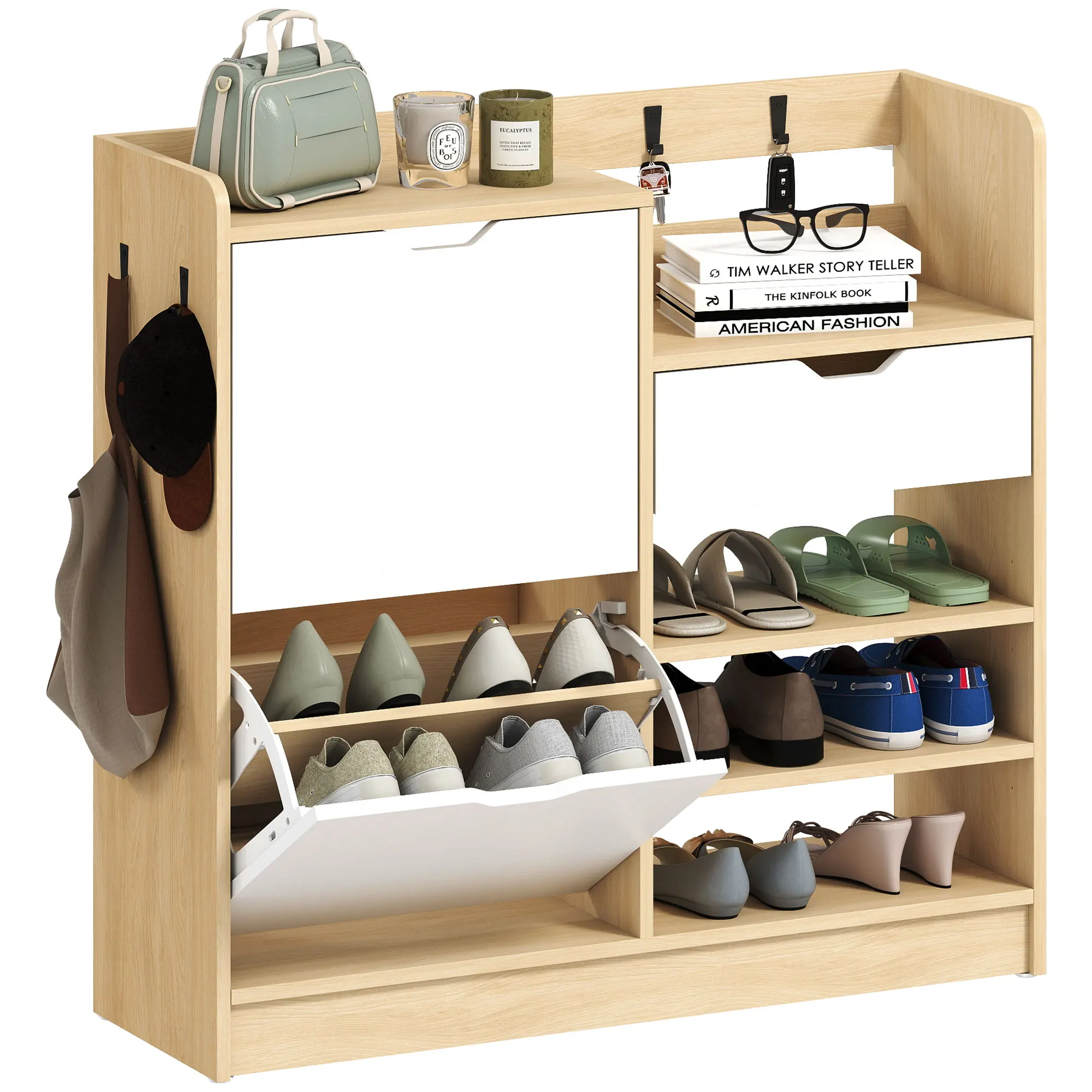 HOMCOM Zapatero Estrecho con 2 Puertas, Zapatero Entrada Recibidor con Estantes Ajustables, Cajón, Estantes Abiertos, 4 Ganchos, para 14 Pares de Zapatos, 93x30x90 cm, Natural y Blanco - imagen 3