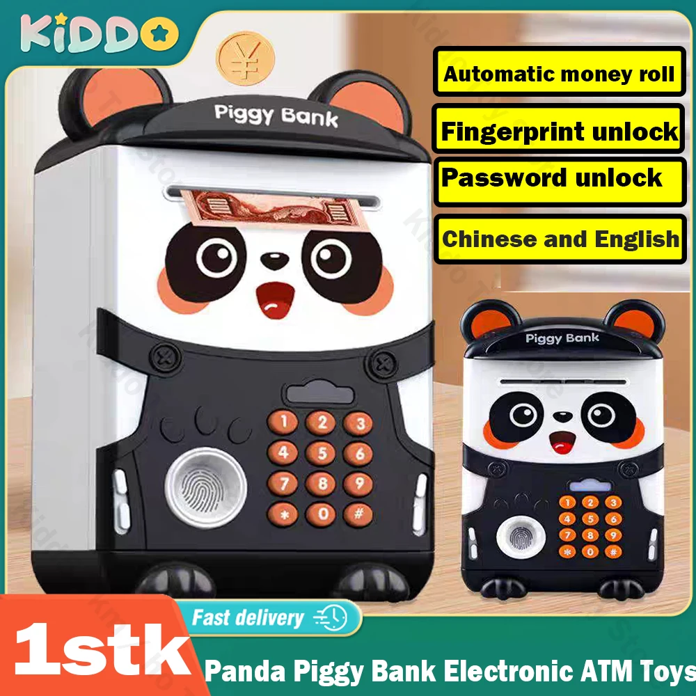Hucha Panda, caja de dinero de dibujos animados, contraseña de huella digital, rollo de inducción automática, simulación de cajero automático electrónico, juguetes para niños de Navidad