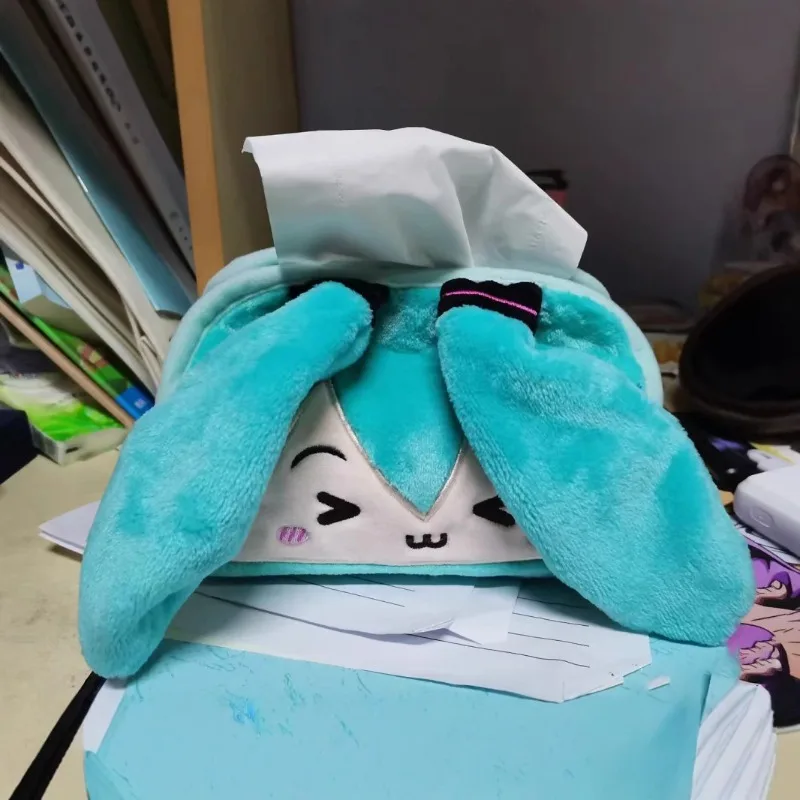 Hatsune Miku-cajas de servilletas con forma de dibujos animados de felpa, servilletero creativo de Color sólido, bolsa de pañuelos, servilletas de almacenamiento para el hogar, organizador de coche - imagen 4