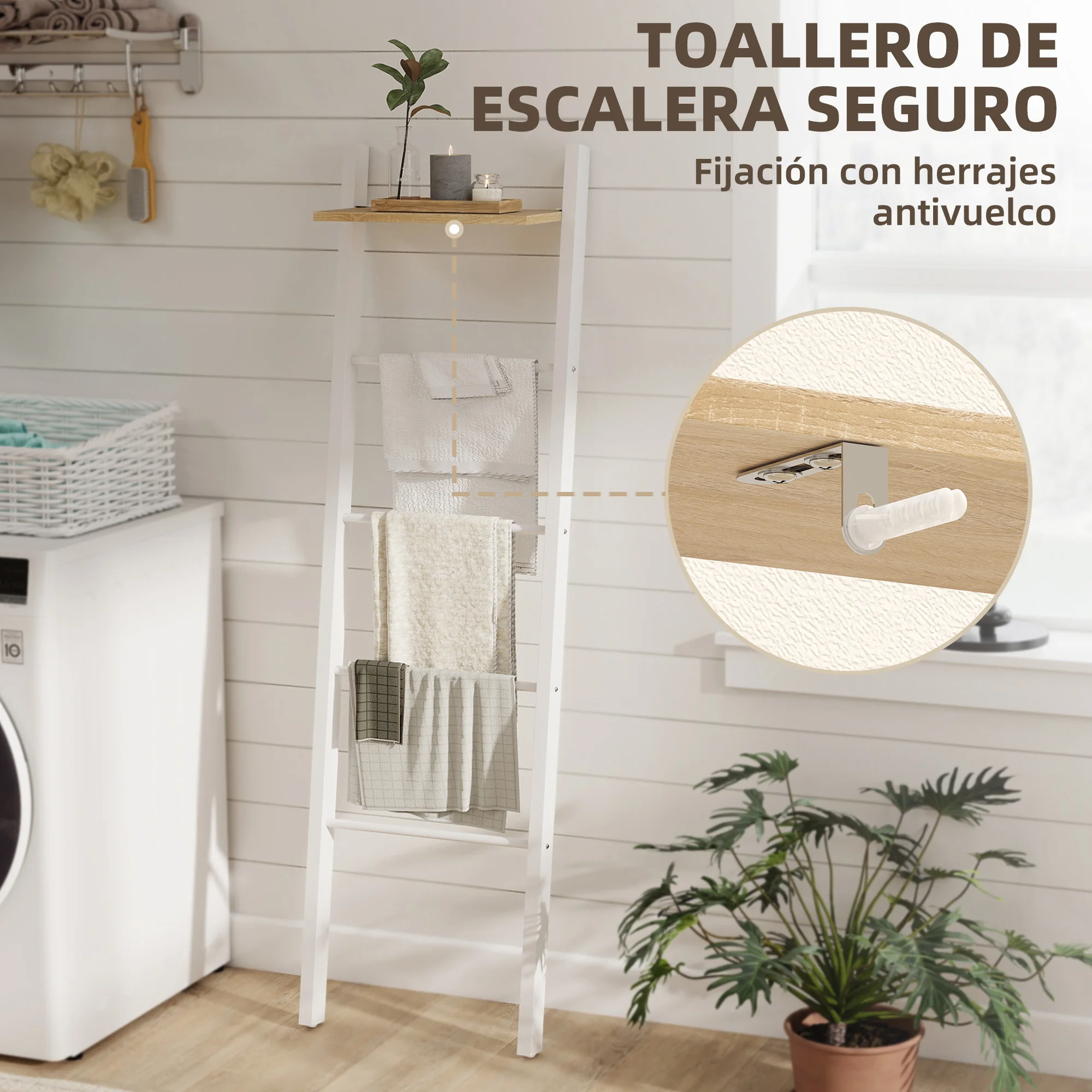 HOMCOM Toallero Escalera con Estante Superior y 4 Barras, Toallero de Baño para Apoyar en Pared, Estantería de Escalera Inclinada, para Dormitorio, Salón, 43x20x151 cm, Blanco y Roble - imagen 5