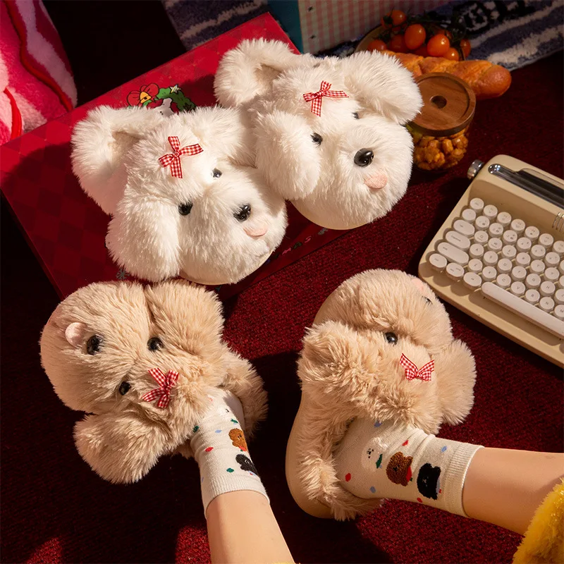 Zapatillas mullidas de dibujos animados para mujer, zapatos cálidos de invierno, chanclas de algodón suaves de felpa con perro divertido para interior del hogar, novedad de 2025 - imagen 2