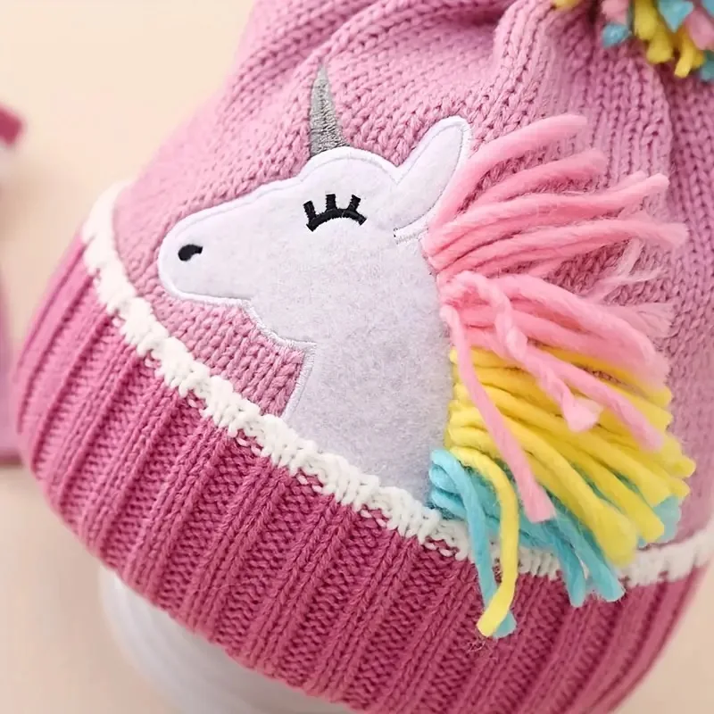 Gorro de unicornio bonito para niñas, conjunto de gorro y guantes de invierno, gorro de punto, conjunto de manoplas con tapa abatible para niños pequeños y niñas - imagen 4