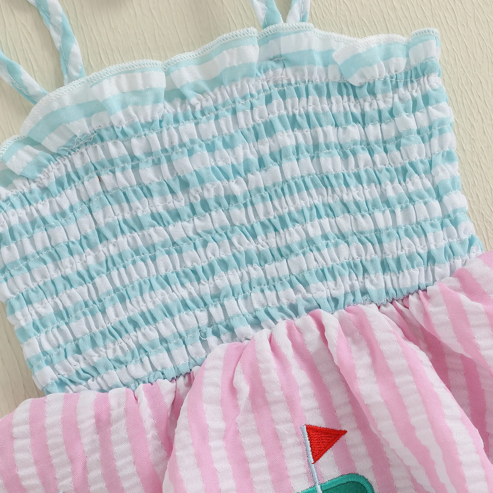 Suefunskry Conjunto de verano de 2 piezas para bebé niña, traje de golf a rayas con lazo y hombros descubiertos, diadema con lazo - imagen 4