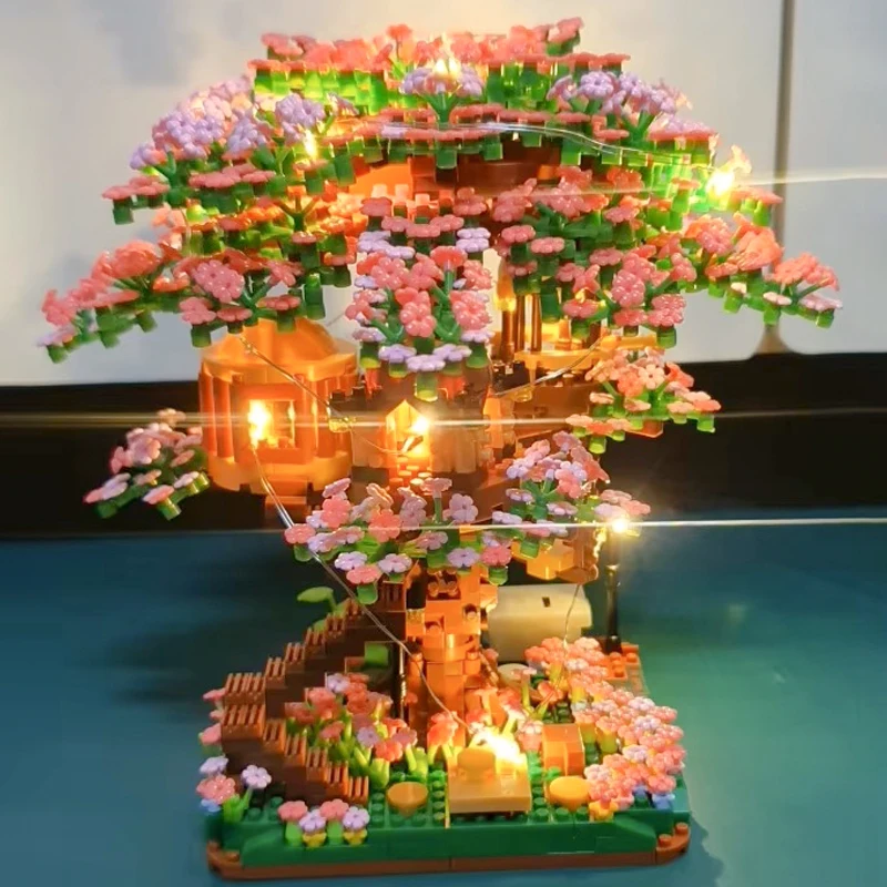 Mini juego de bloques de construcción de árbol Sakura, ladrillos de flor de cerezo artesanal con modelo de casa de árbol ligera, adorno, regalo romántico para novia