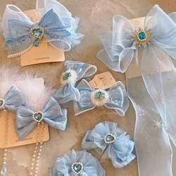 Horquillas con pompón de princesa, pinzas para el pelo con lazos azules grandes para niños, cinta larga, Clip de pico de pato, horquillas escolares para niñas, regalo