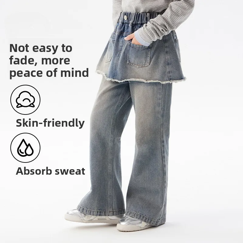 ¡2025 nuevos pantalones vaqueros coreanos falsos de dos piezas de otoño para niñas: pantalones casuales elegantes, suaves, duraderos y de moda para niñas grandes y pequeñas!