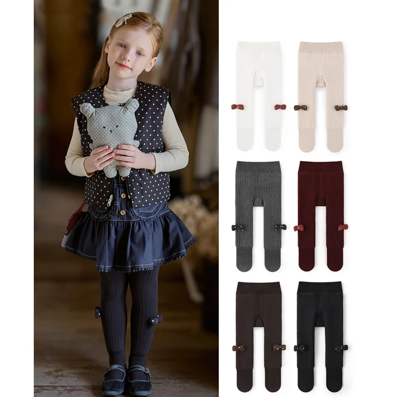 2026 todas las nuevas niñas Otoño Invierno fino polar arco decoración medias lindas polainas de una pieza uso diario pantalones cálidos para niños