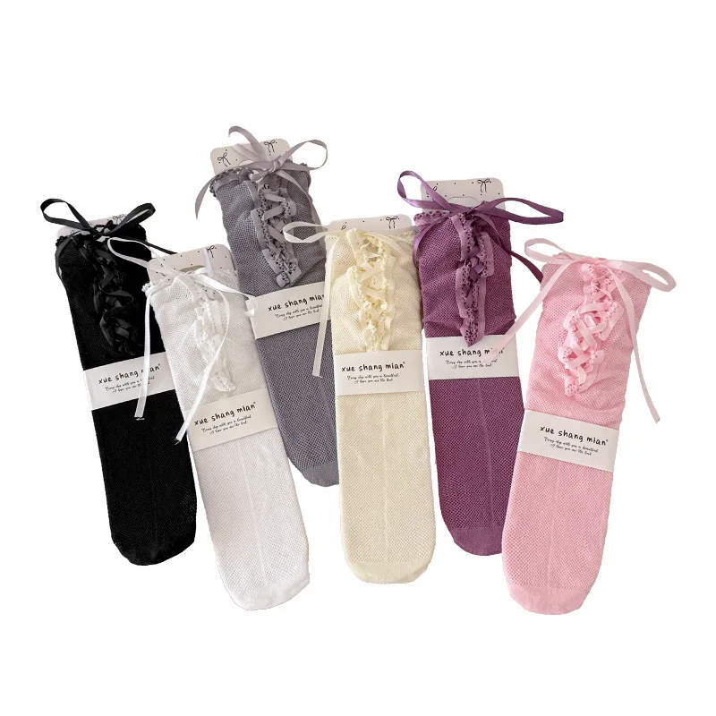 Calcetines altos de encaje rosa con lazo – Holgados para niñas