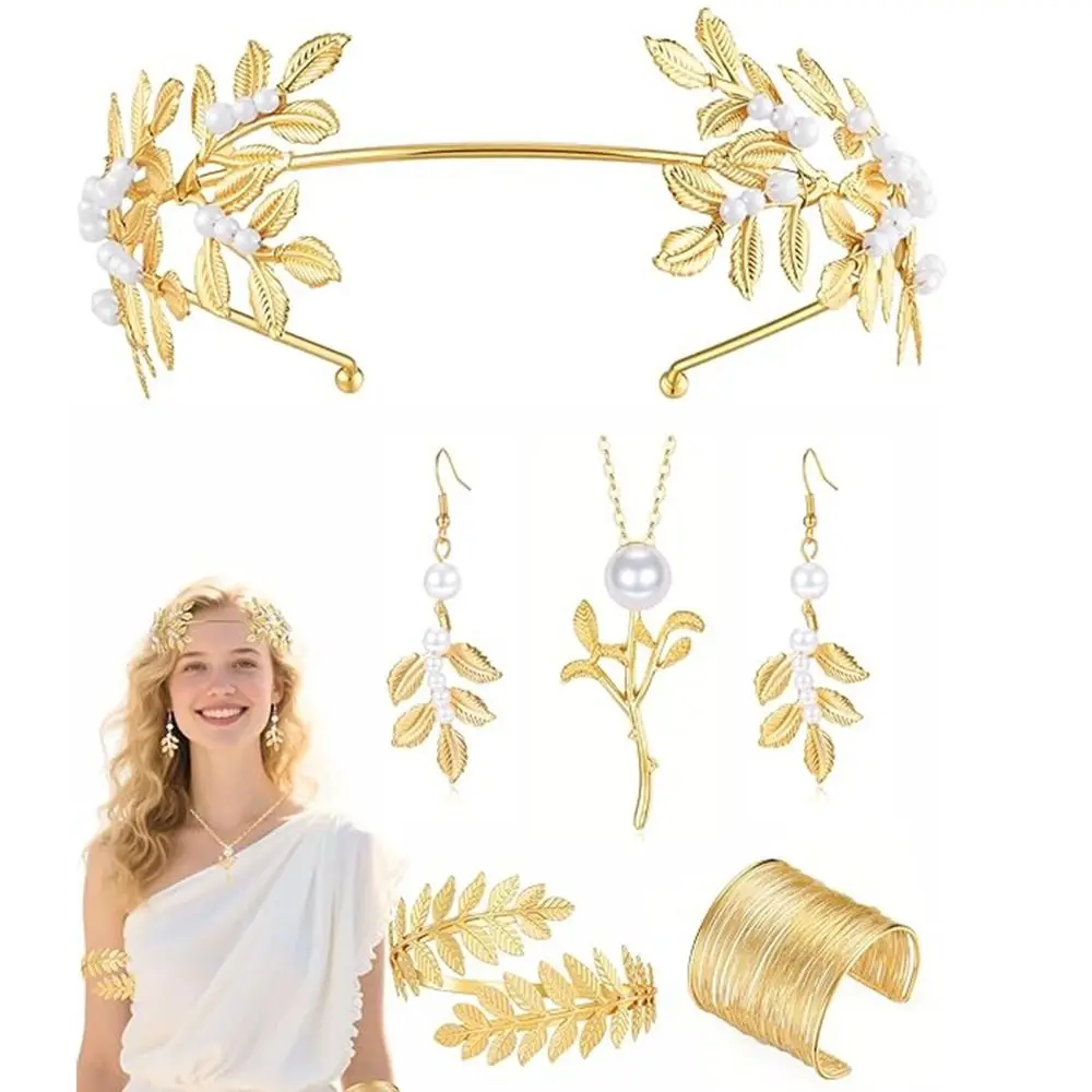 Conjunto de joyería de boda barroca para mujer, pendientes de novia dorados, joyería para el cabello de diosa griega, collar, tocado, conjunto de joyería con diamantes de imitación