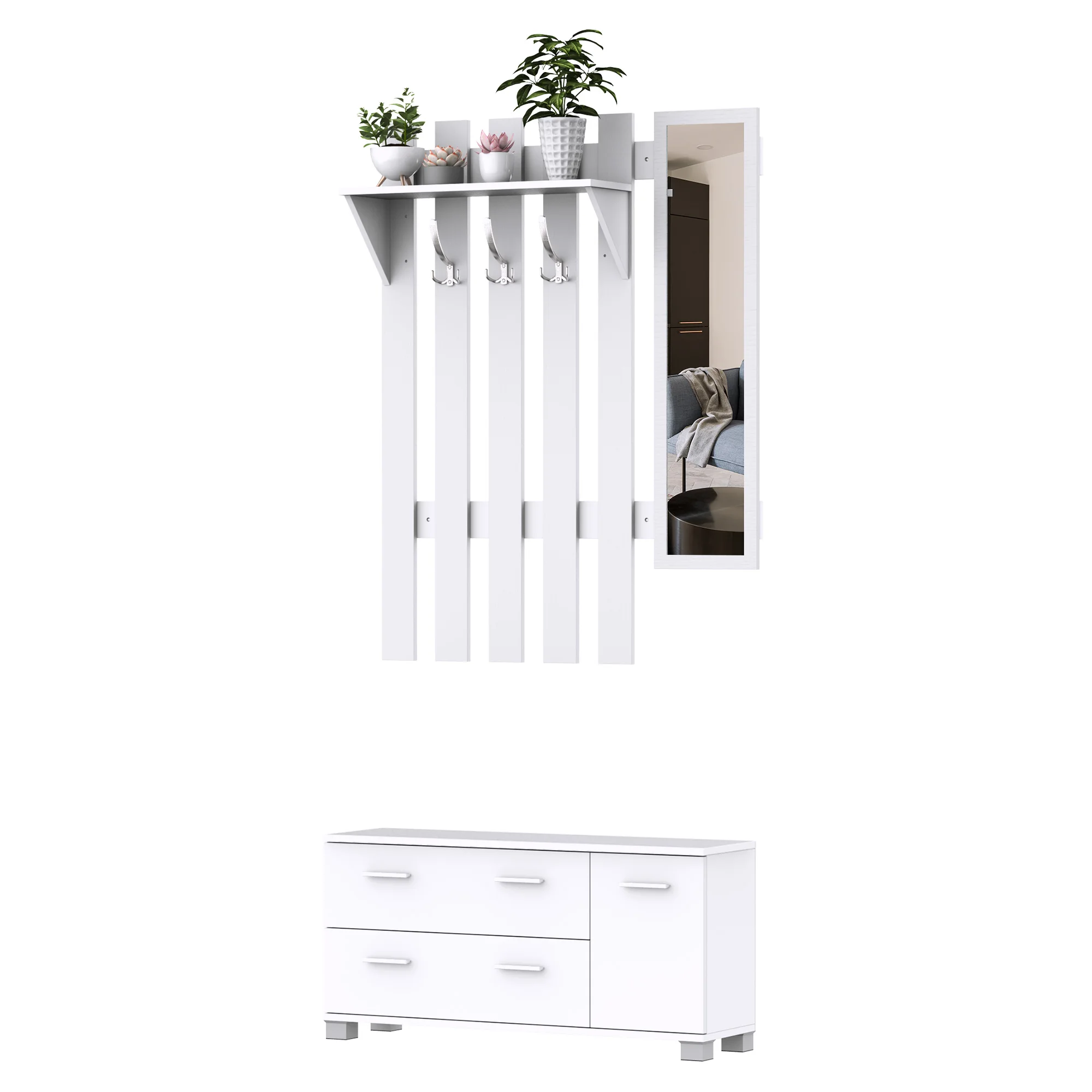 HOMCOM Conjunto de Recibidor de Entrada con Espejo Perchero y Zapatero Muebles de Entrada con 3 Ganchos Estante y 2 Cajones para Pasillo - imagen 2