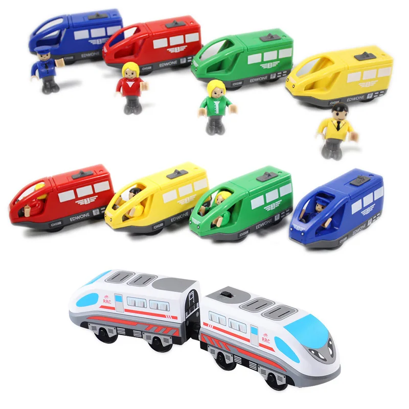 Tren eléctrico magnético con muñeca pequeña, juguete con ranura fundida, vía de madera, locomotora Compatible, tren de ferrocarril eléctrico para niños
