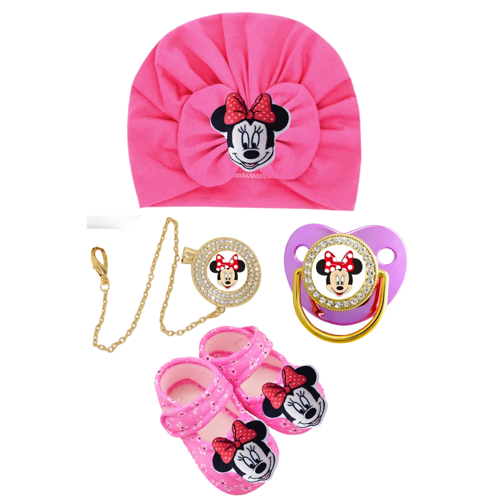 Gorro para recién nacido + clip de cadena para chupete de bebé + zapatos de cama para recién nacido, anillo de dentición de cristal rosa, chupete con estampado de anime, tetina de silicona para bebé - imagen 4