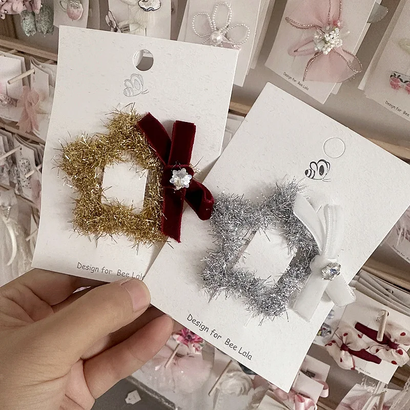 Pinzas para el cabello de Navidad con forma de estrella, pasadores de copo de nieve de terciopelo con hilo brillante, pinzas para el cabello laterales bonitas para niñas, Clips Kawaii BB, regalo - imagen 3