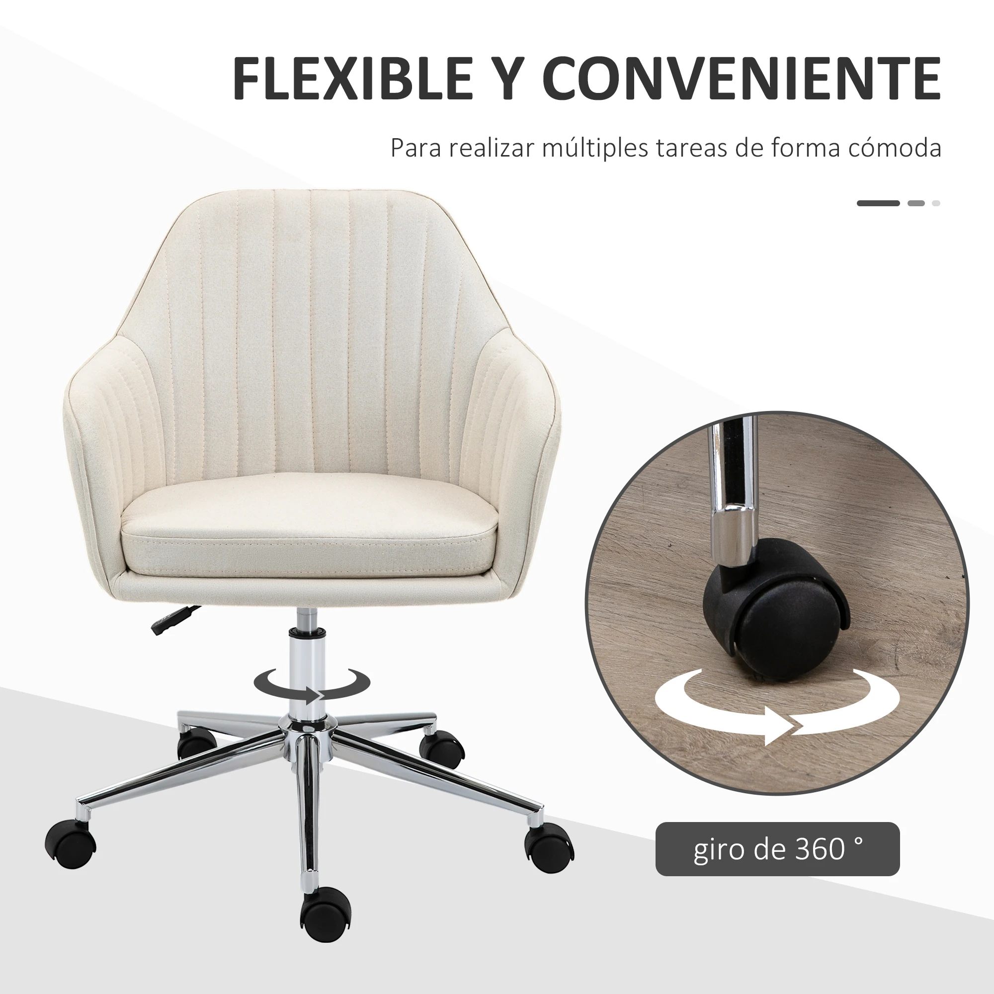 Vinsetto Silla de Oficina Silla de Escritorio Giratoria Tapizado en Lino con Altura Ajustable y Reposabrazos para Estudio Dormitorio Tocador Carga 120 kg Beige - imagen 5
