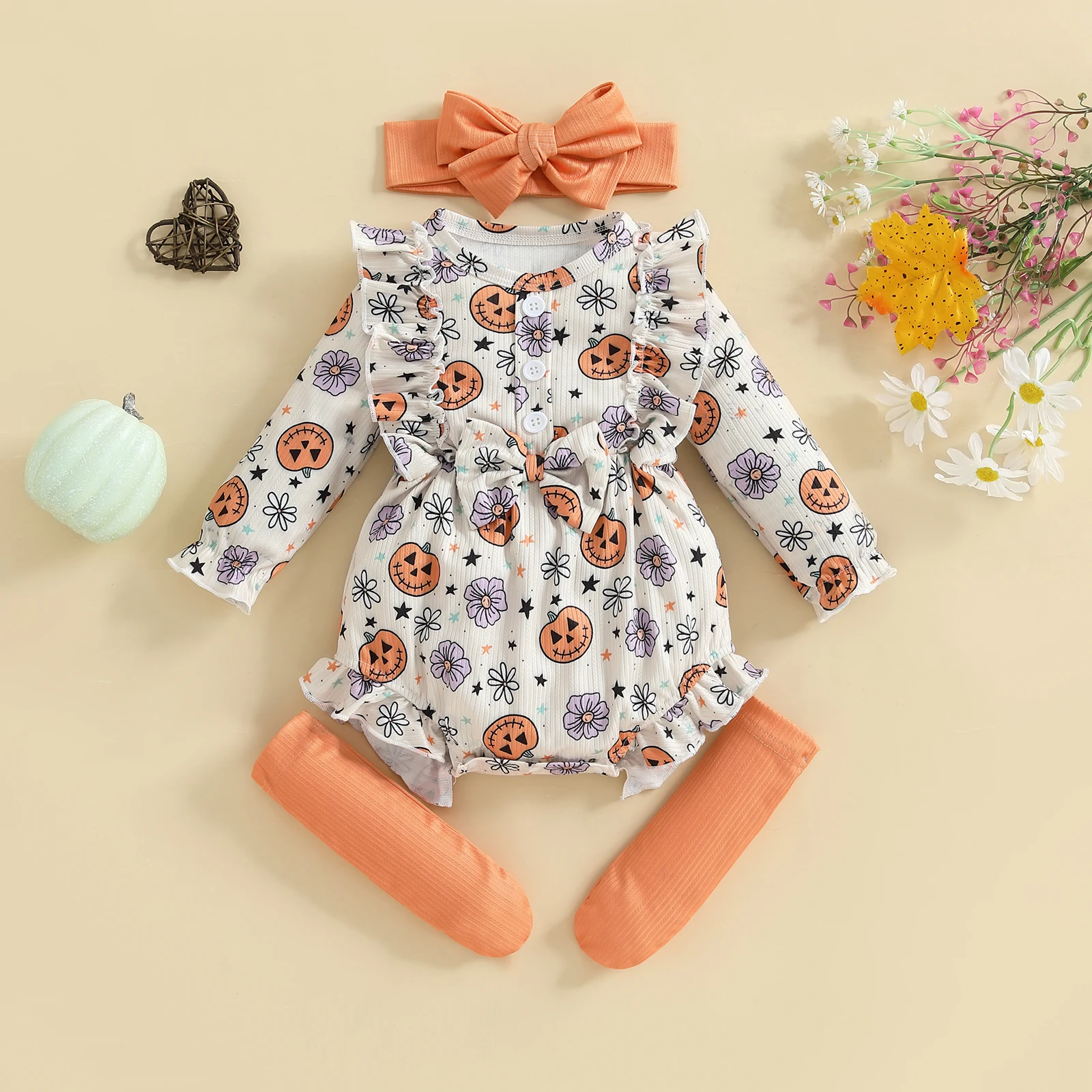 VISgogo Ropa de Halloween para niña con estampado floral de calabaza, manga larga, cuello redondo, mameluco con volantes y calcetines y diadema - imagen 2